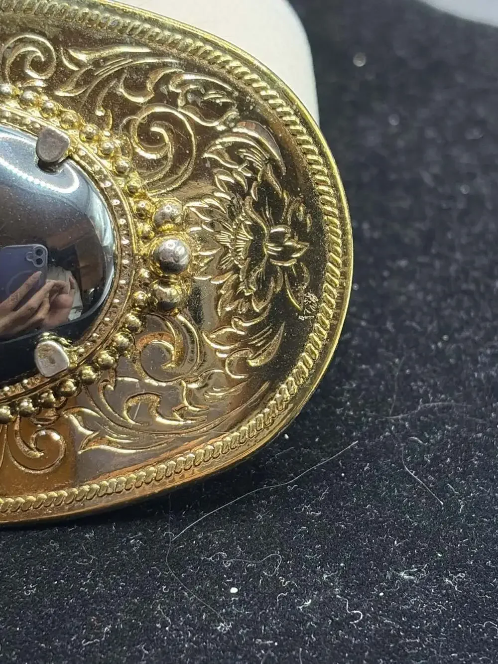Vintage Gold Tone Floral  Western Oval Belt Buckle with Black Stone Made in USA